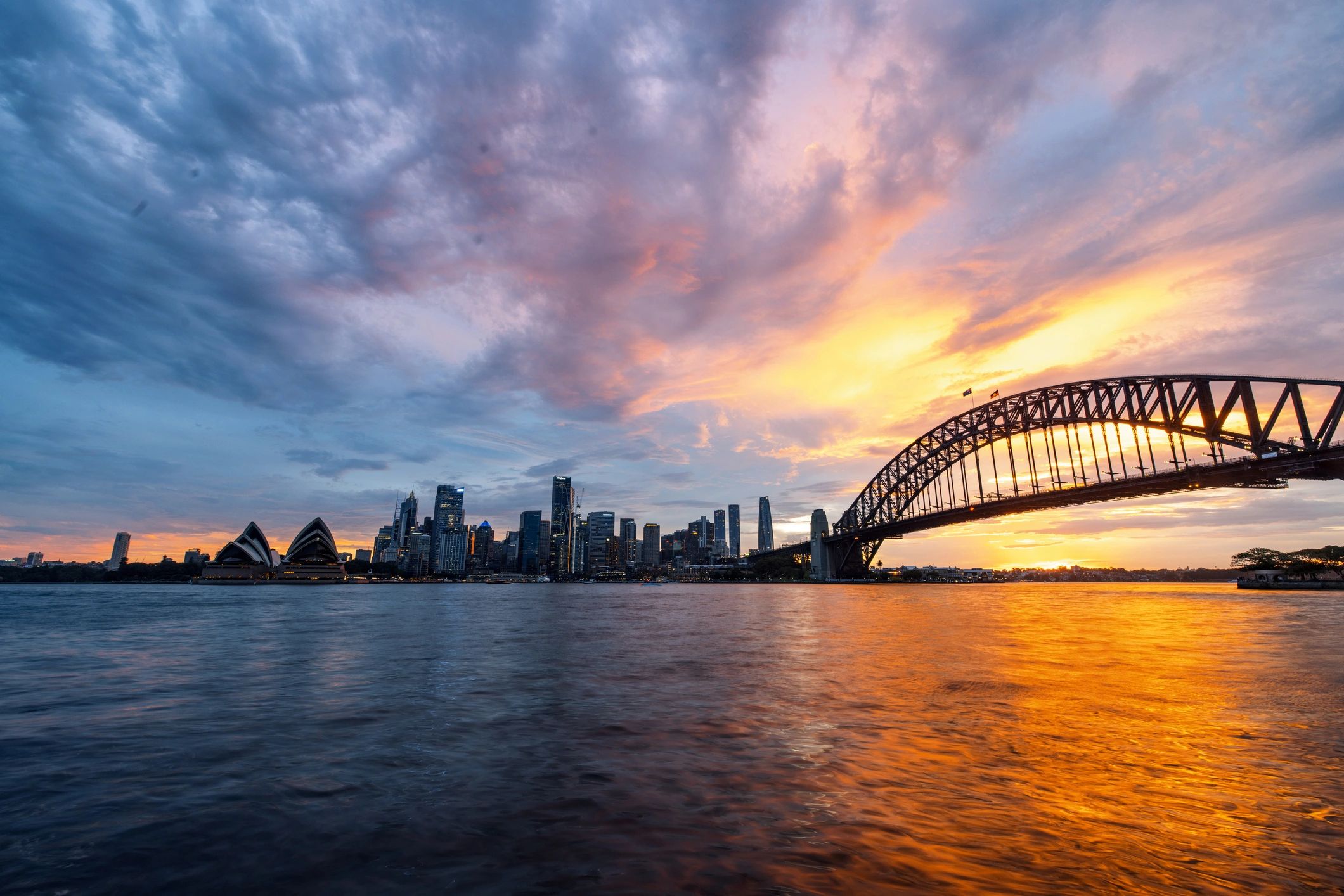 Sydney Harbour at sunset with waterfront reflections